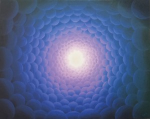 Een tunnel van paars-blauw licht. Olieverf op canvas (80 x 100 cm)